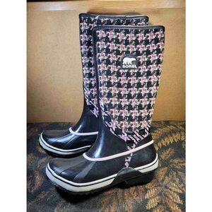 Sorel Pink & Black Tweed Knit Pull-on Rubber Rain Boots- Size 8- NWOT